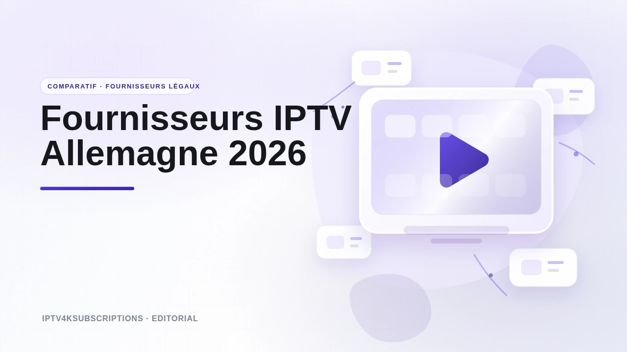 Illustration &eacute;ditoriale abstraite pour le comparatif des fournisseurs IPTV l&eacute;gaux en Allemagne en 2026.