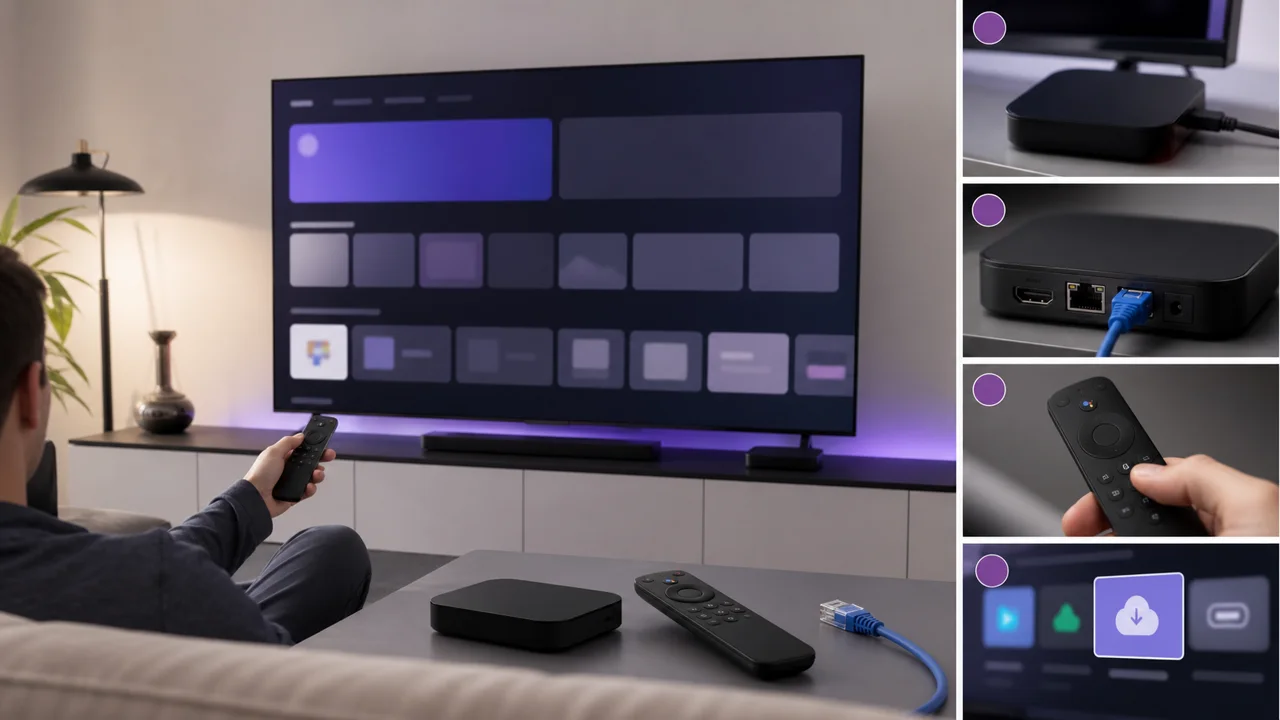 Television in a living room connected to a box, illustrating the installation of IPTV on Android TV.