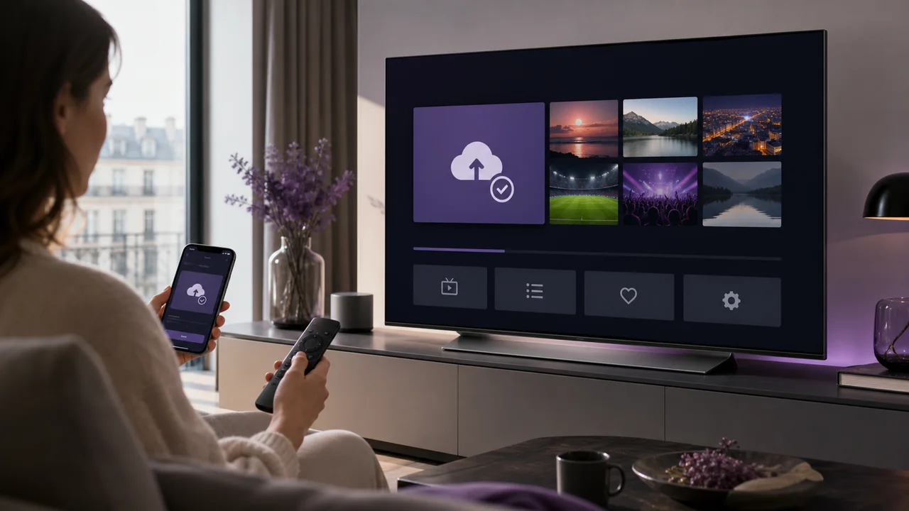 Remote control facing a television, illustrating the use of the Smart IPTV application.