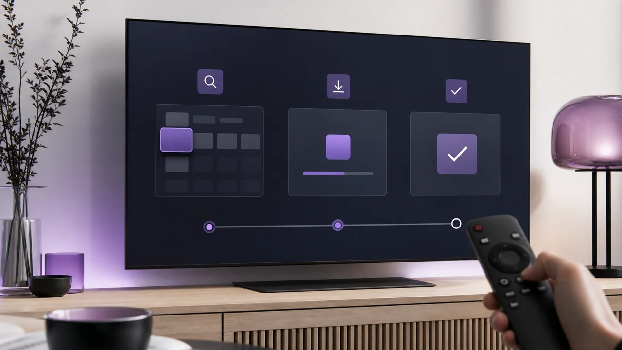 Modern connected TV in a living room, showing the installation of an IPTV player on Samsung Smart TV.