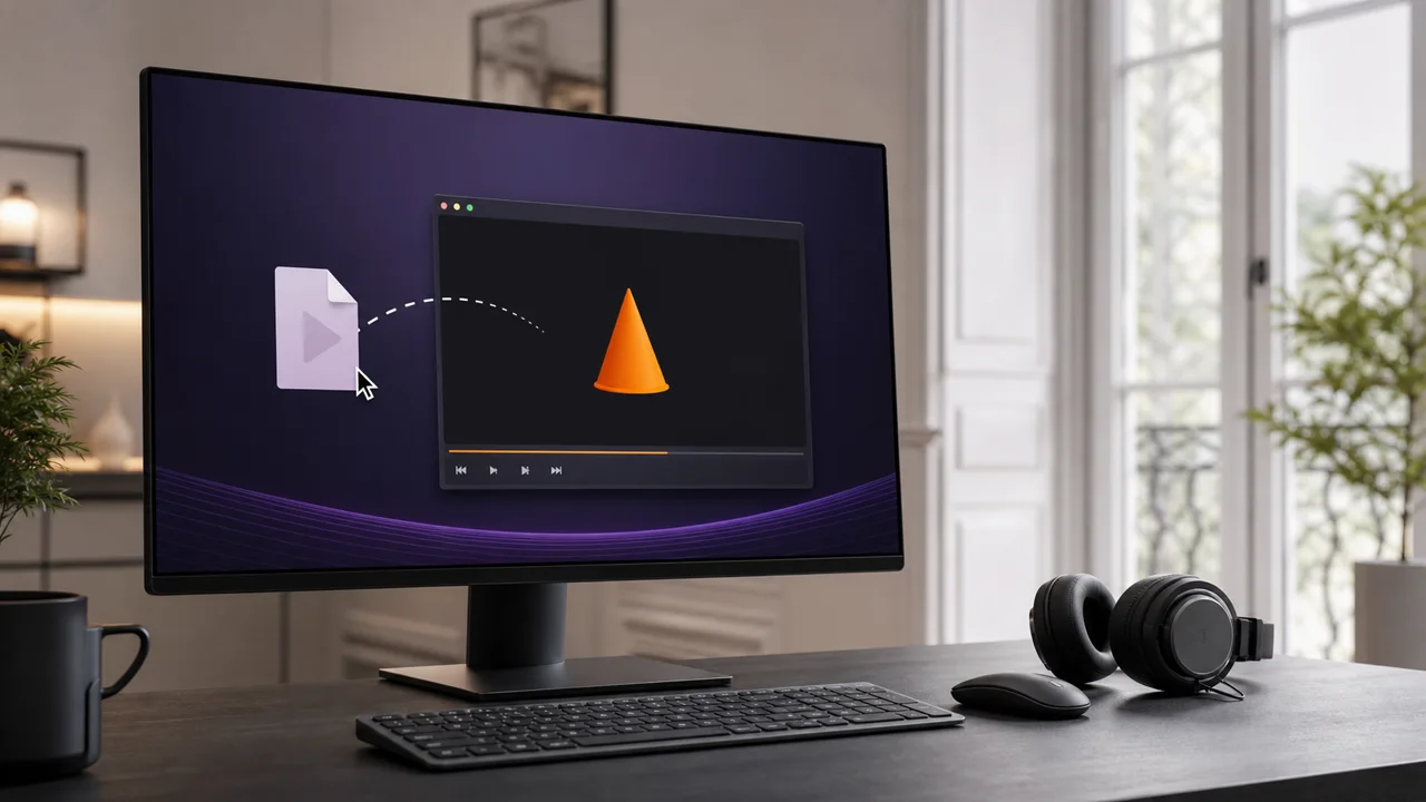Laptop displaying code, showing setting up VLC player for IPTV.