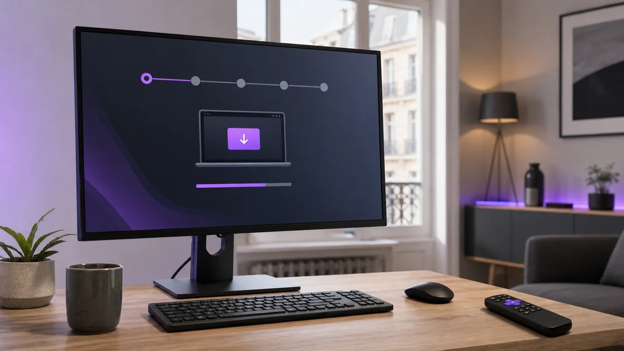Laptop on a desk, showing installing IPTV on Windows PC.