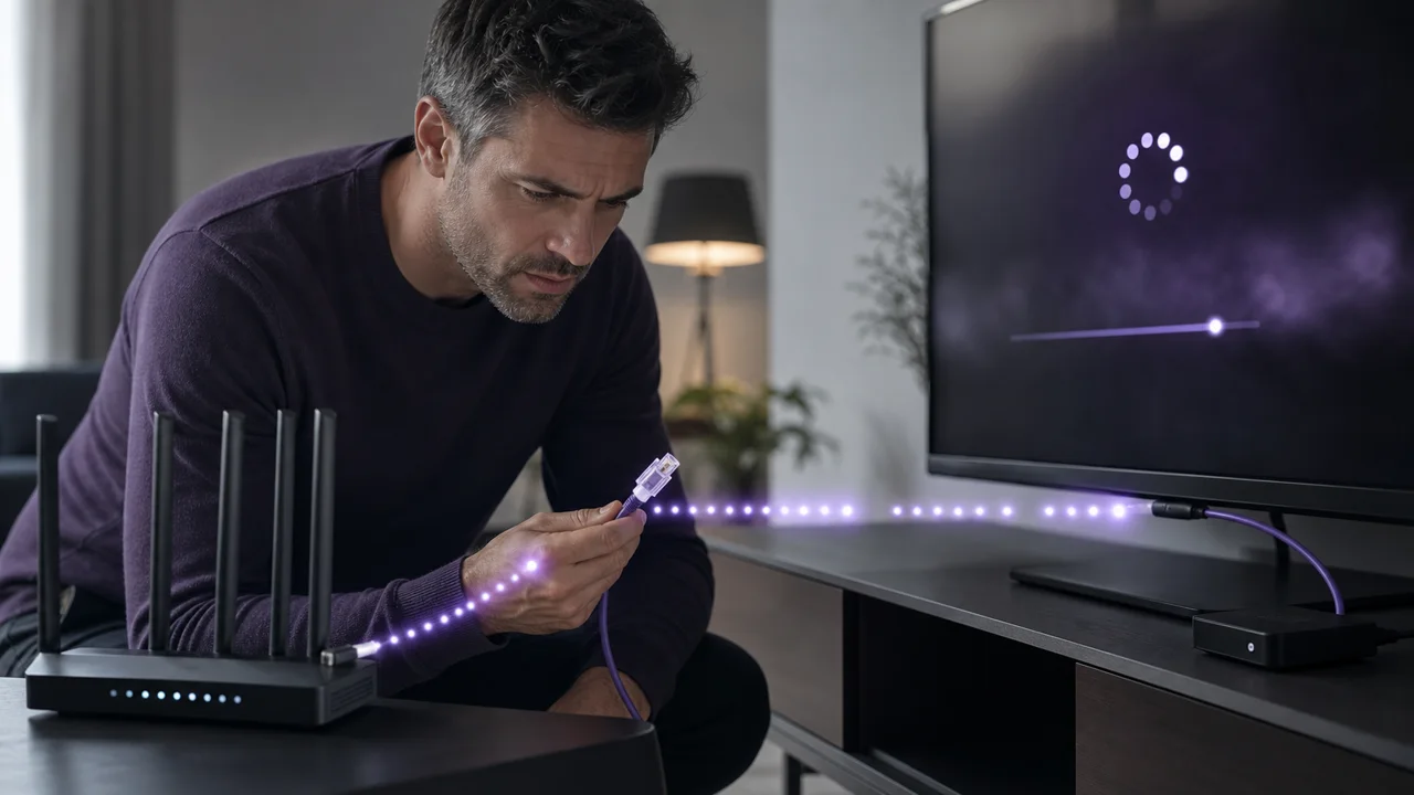 Network cables plugged into a router, illustrating the repeated interruptions of an IPTV stream.