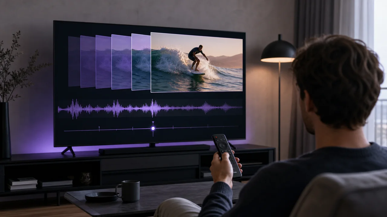 Remote control pointed at a turned on TV, illustrating playback settings to correct audio/video lag in IPTV.