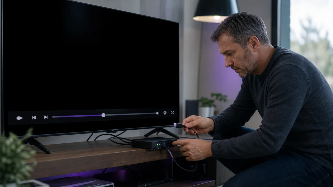 Modern television with black screen, illustrating the possible causes of a black screen in IPTV.
