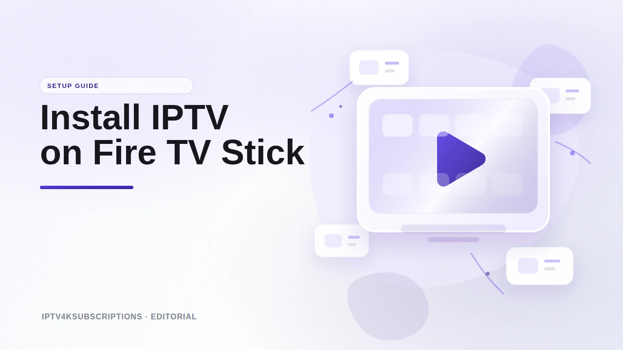 Abstract editorial graphic for a 2026 guide to installing IPTV on an Amazon Fire TV Stick.