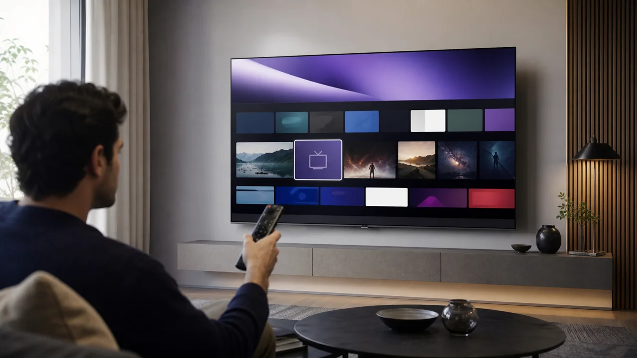 Modern wall-mounted smart TV, representative of a Samsung Smart TV used without an external IPTV box.