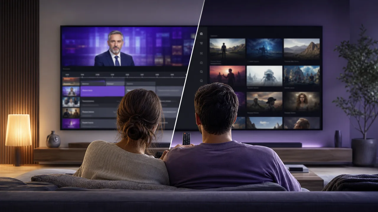 Living room television used to compare IPTV vs classic streaming at home.
