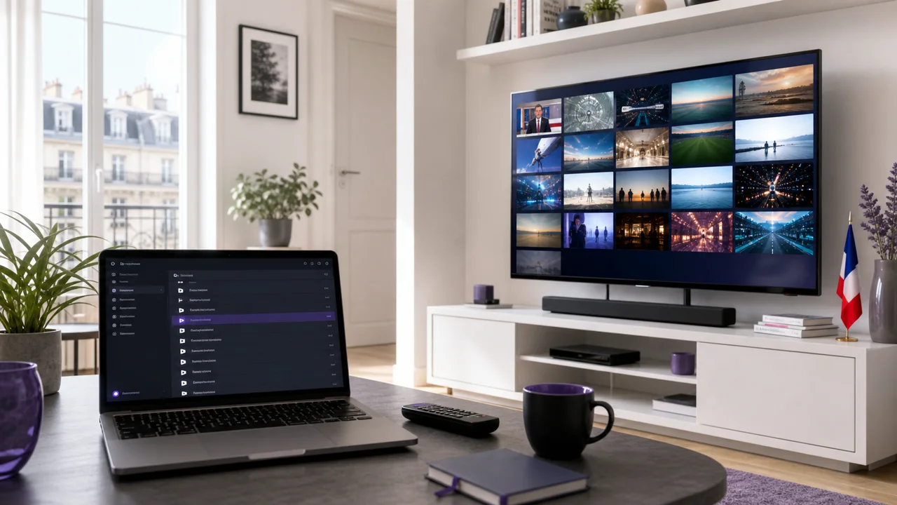 Computer showing a free M3U IPTV playlist for France next to a TV displaying a live channel schedule.