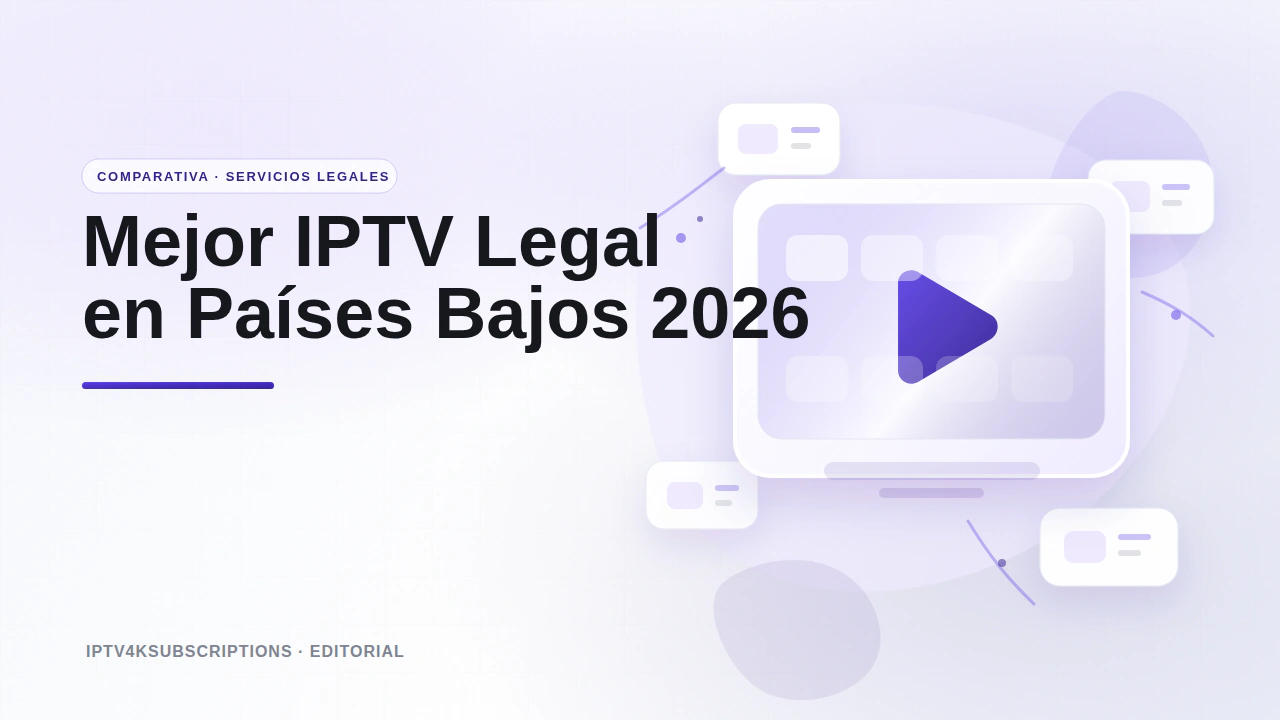 Ilustraci&oacute;n editorial abstracta para la comparativa de los mejores servicios de IPTV y TV en directo legales en los Pa&iacute;ses Bajos en 2026.