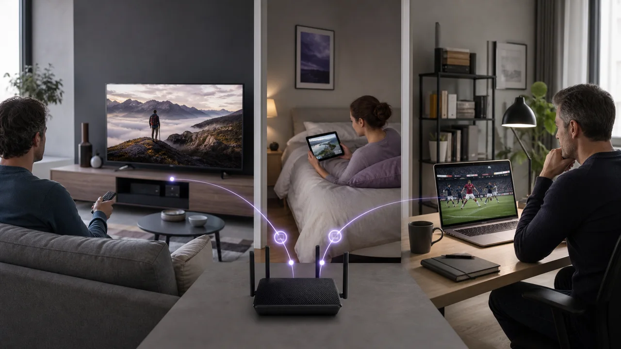 Living room equipped with a television on, representative of multiroom IPTV use on several screens in the home.