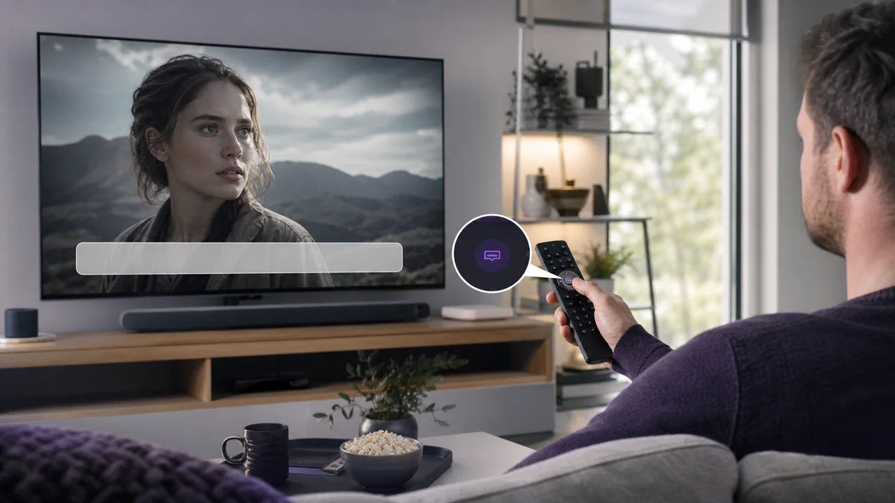 Remote control in front of a turned on television, illustrating the settings related to the display of subtitles in IPTV.