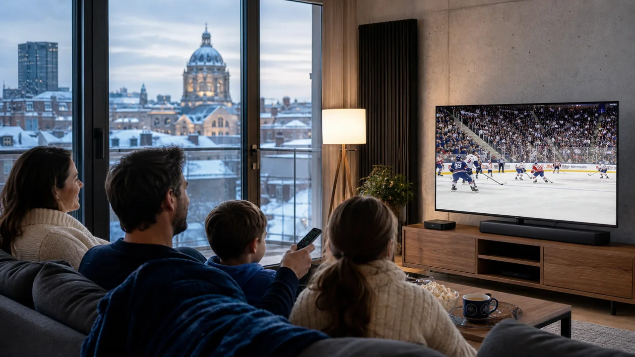 Quebec living room TV showing live hockey over an IPTV subscription, unplugged coaxial cable on the coffee table.