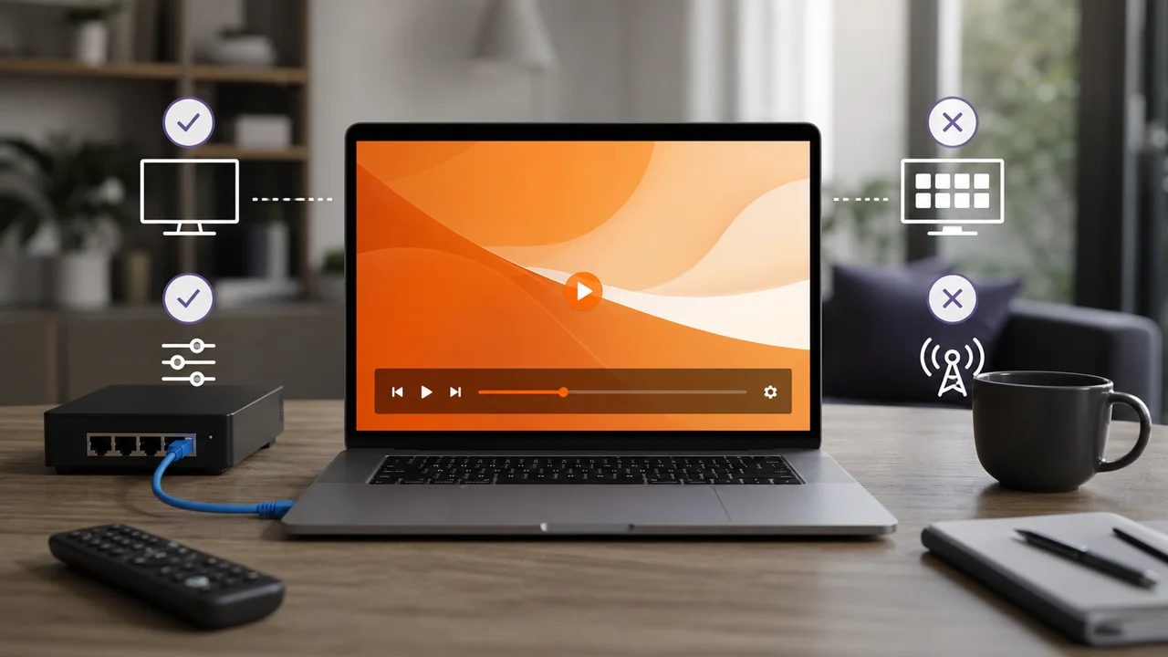 Laptop on a desk, showing playing an IPTV stream with VLC player.