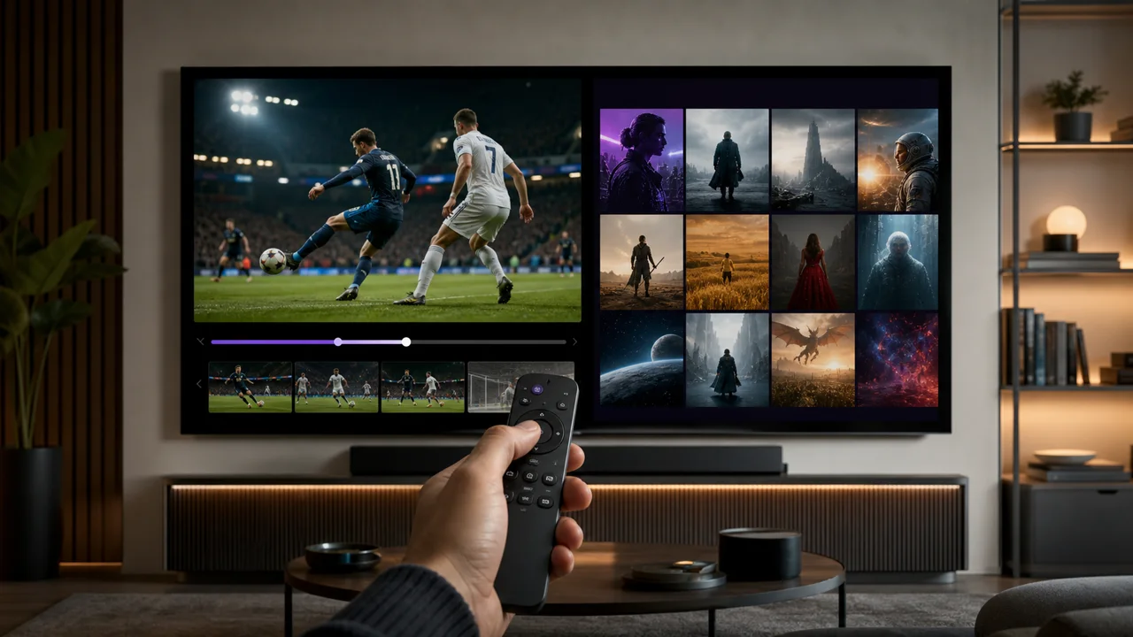 Cinema screen in a dark room illustrating IPTV VOD (video on demand) versus live channels.