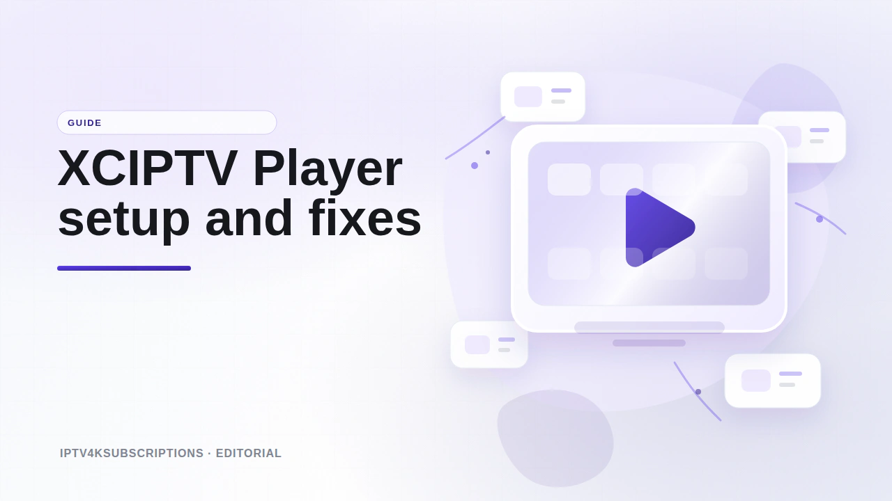 Abstract editorial graphic for a 2026 guide to the XCIPTV player app.